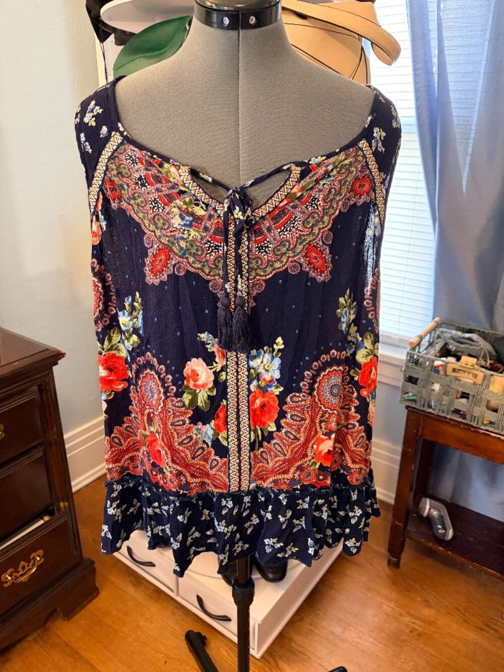 Bila Navy Floral Paisley Tassel Tunic Top XXL Boho Festival Cottagecore Summer